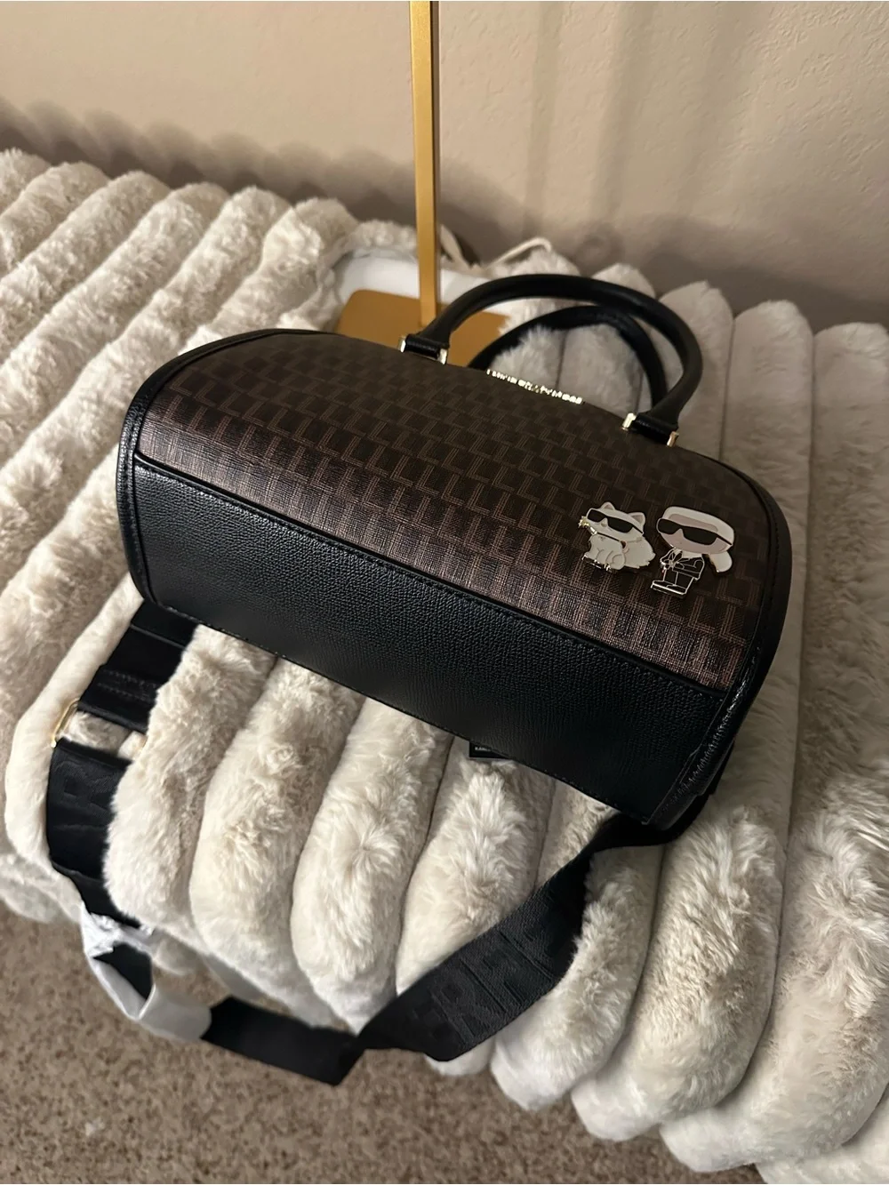 Karl Lagerfeld Brown & Black Monogram Dome Satchel NWT